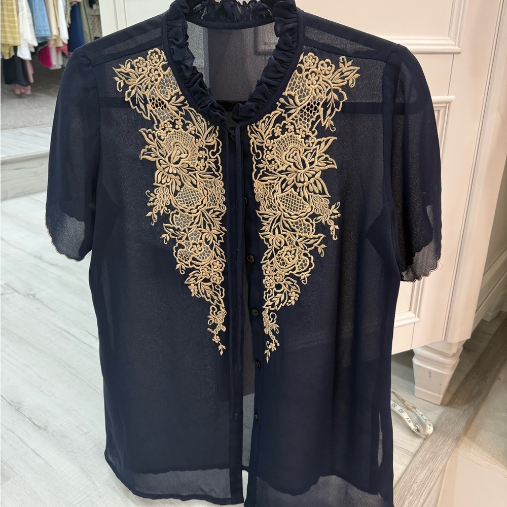 Vintage Navy Blue Sheer Top with Cream Embroidery